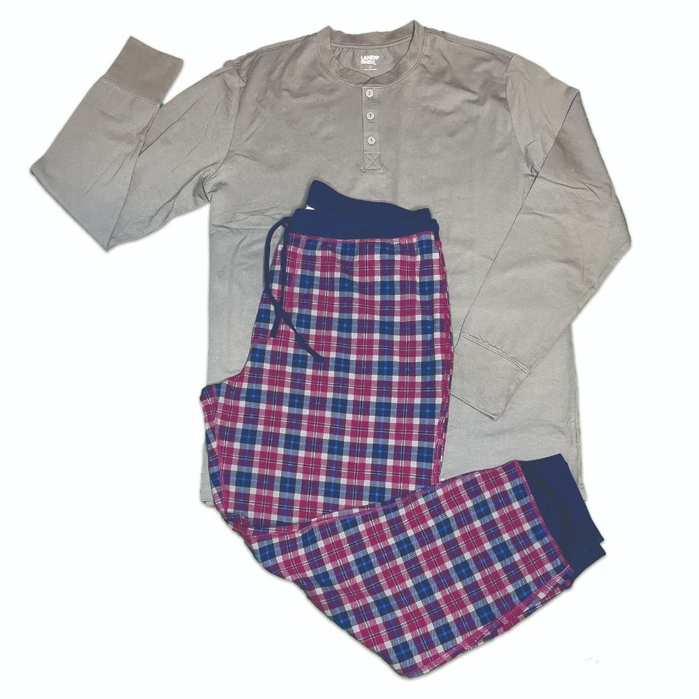 Lands' End Henley Pajama Set - Gray top, plaid bottom - Size Large (42-44)